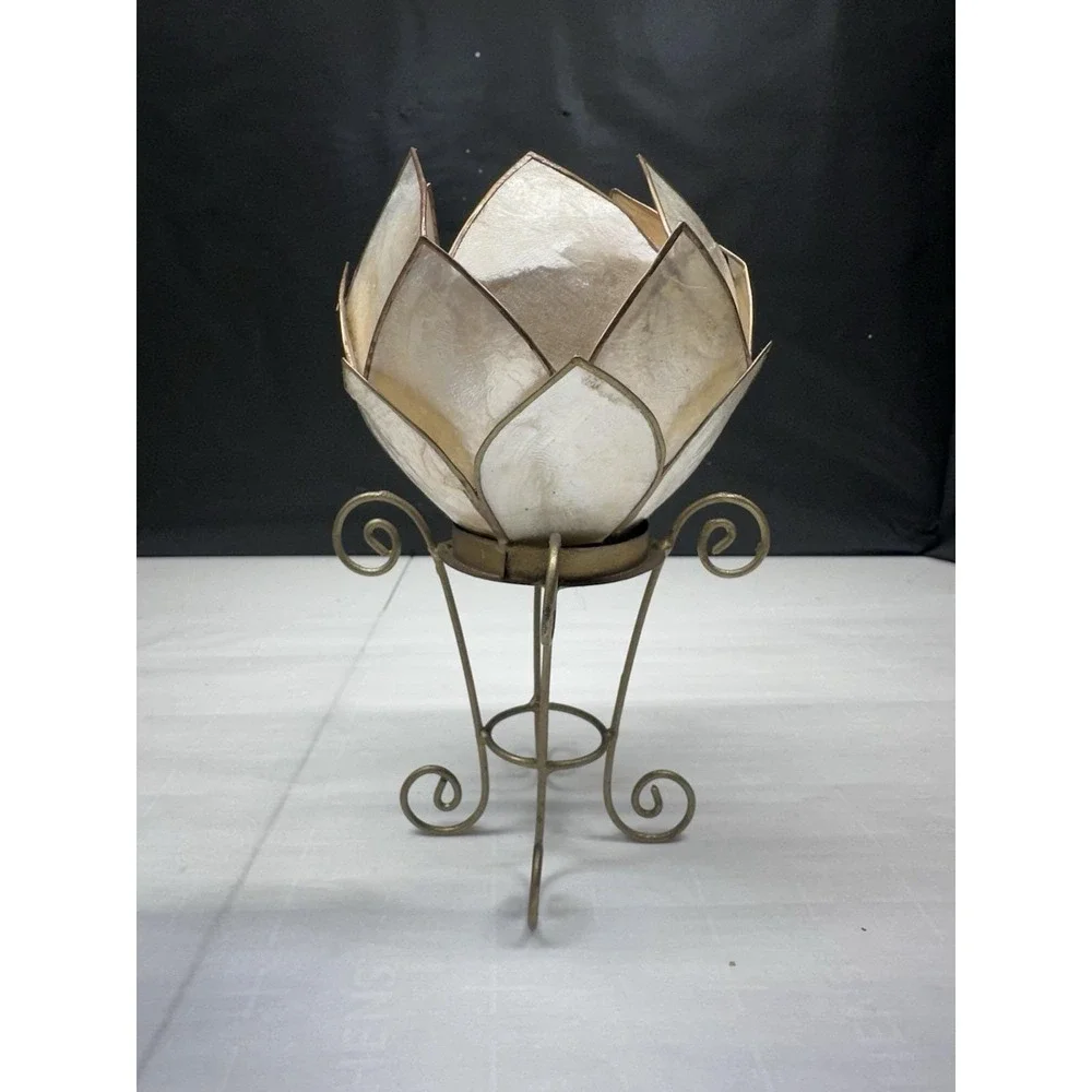 Capiz Shell Lotus Votive Candle Holder Gold Metal Stand 7